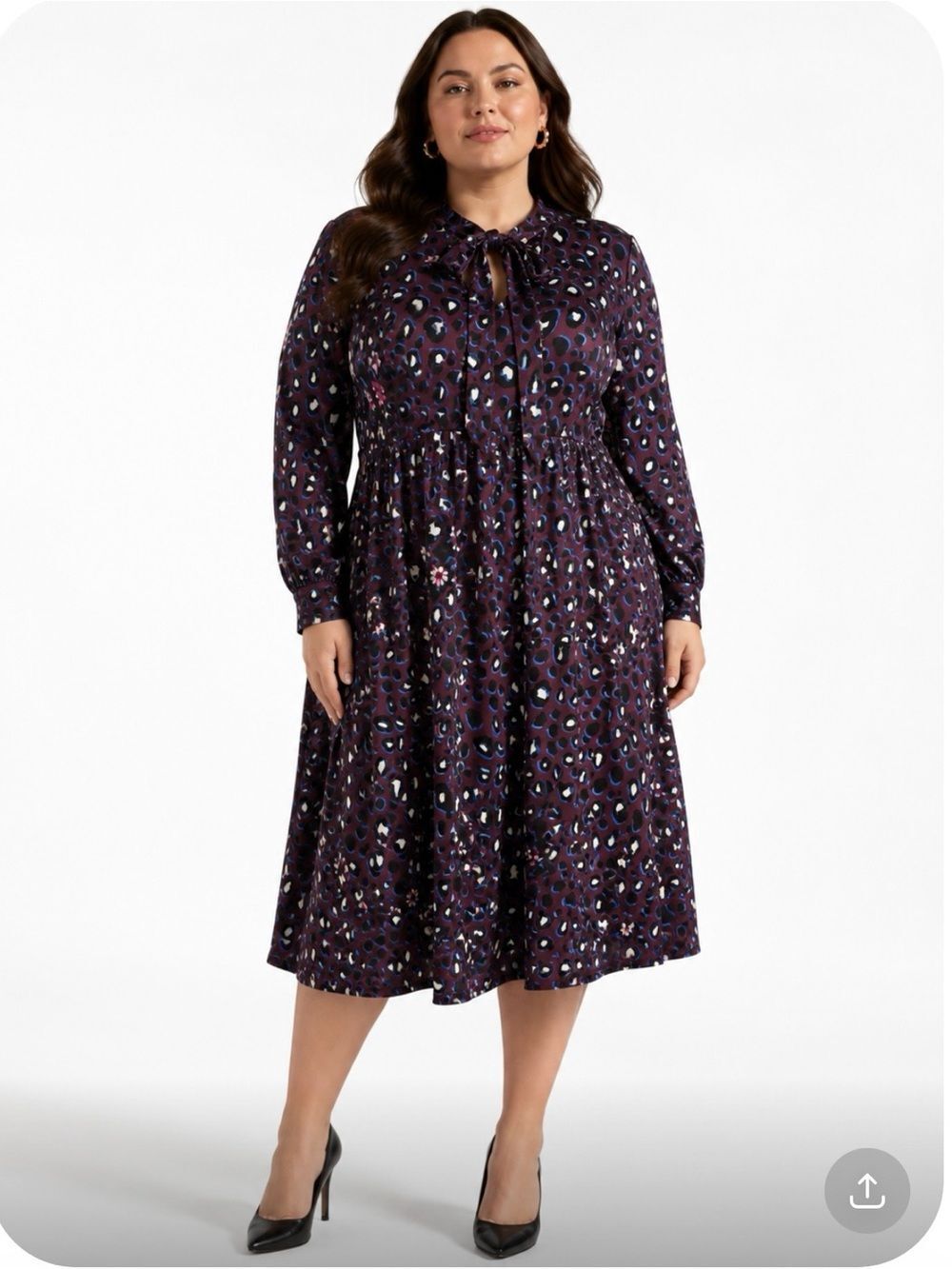 ELOQUII Purple Long-Sleeve Tie-Neck Midi Dress with Blue & White Accents Size 18